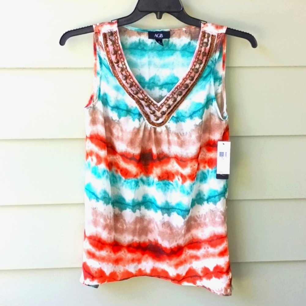 AGB Women's Chiffon Beaded V neck MultiColor Sleeveless Pop Over Blouse S NWT
